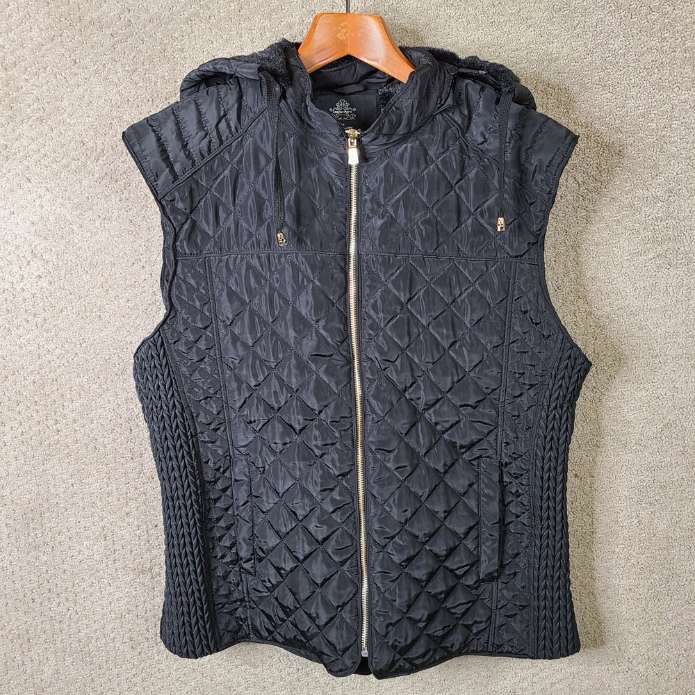 Louise Paris Vest Womens 3X Black Quilted Hooded Full Zip Faux Fur Lined Casual